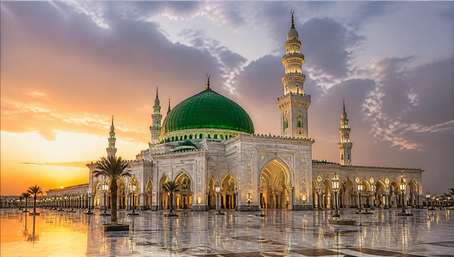 Mosquée majestueuse au coucher du soleil avec dôme vert émeraude